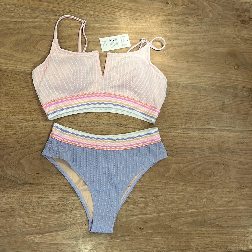 Chic Pink and Blue One Piece Swimsuit with Textured Fabric